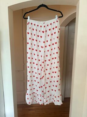 Fashion Brand company linen pants Red Heart Print - Elastic Waist Ruffle Hem